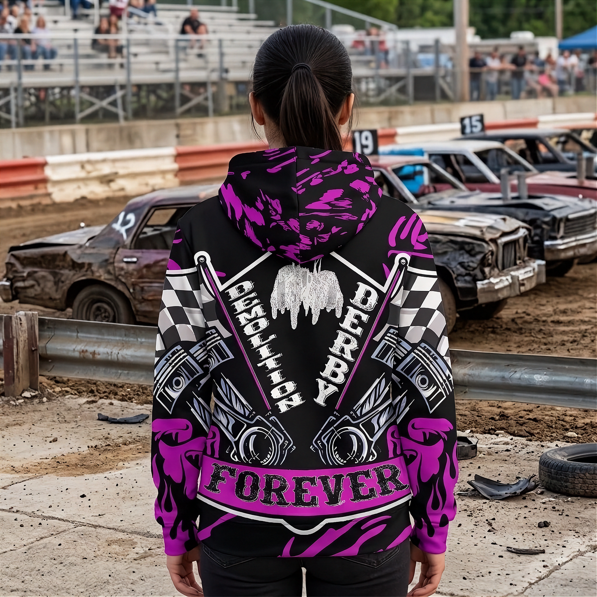 A person standing at a dirt track wearing a black hoodie with a bold graphic print in purple, white, and gray. The hoodie features the words 'DEMOLITION DERBY FOREVER' and a large winged logo on the back, with checkered flags and engine graphics.