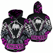 Black pullover hoodie with a bold all-over graphic print in purple, white, and gray, featuring the words 'DERBY FOREVER' and automotive-themed illustrations including checkered flags, pistons, and a dripping paint logo. Shown in front and back views on a plain white background.