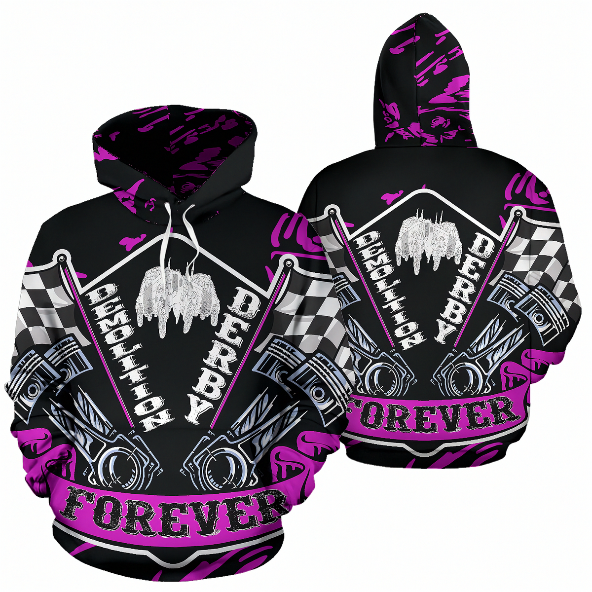 Black pullover hoodie with a bold all-over graphic print in purple, white, and gray, featuring the words 'DERBY FOREVER' and automotive-themed illustrations including checkered flags, pistons, and a dripping paint logo. Shown in front and back views on a plain white background.