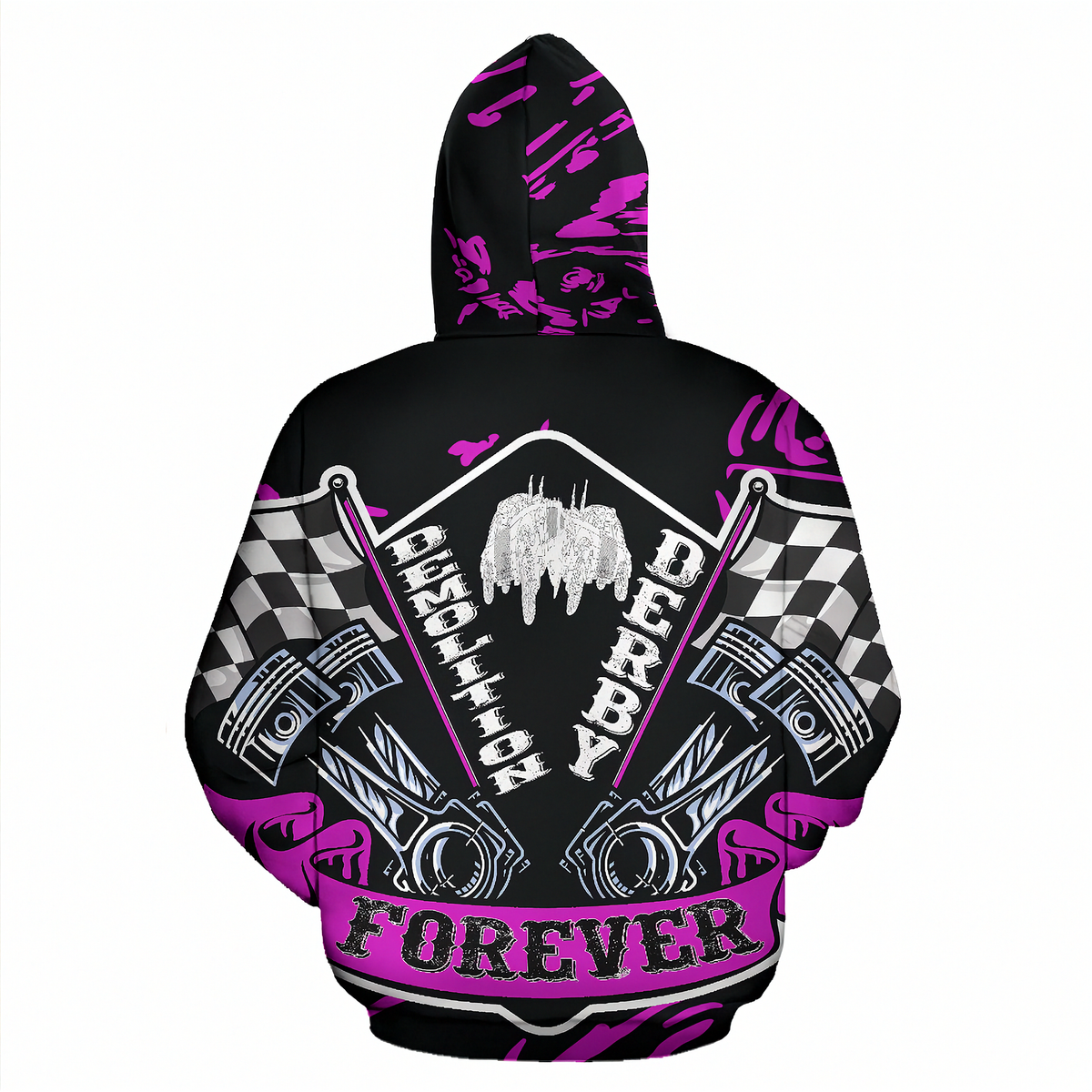 A black pullover hoodie shown from the back, featuring a large graphic print in pink, white, and gray. The design includes checkered flags, crossed pistons, a dripping skull, and the text 'DERBY FOREVER' and 'Aussie Hunter'.