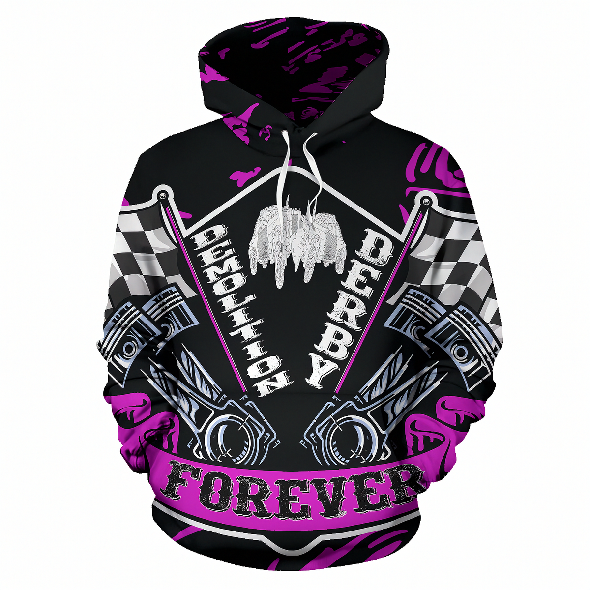 A black pullover hoodie with a bold graphic design featuring purple accents, checkered flags, engine pistons, and the text 'DEMOLITION DERBY' and 'FOREVER'.