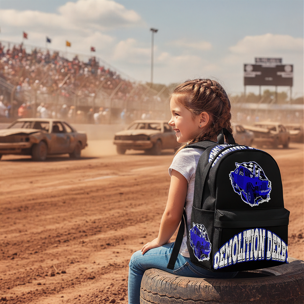 A young girl sits on a tire at a dirt racing track, wearing a black backpack with blue and white graphics that read 'Demolition Derby' and show a blue ram head logo. Dirt cars race in the background under a cloudy sky.