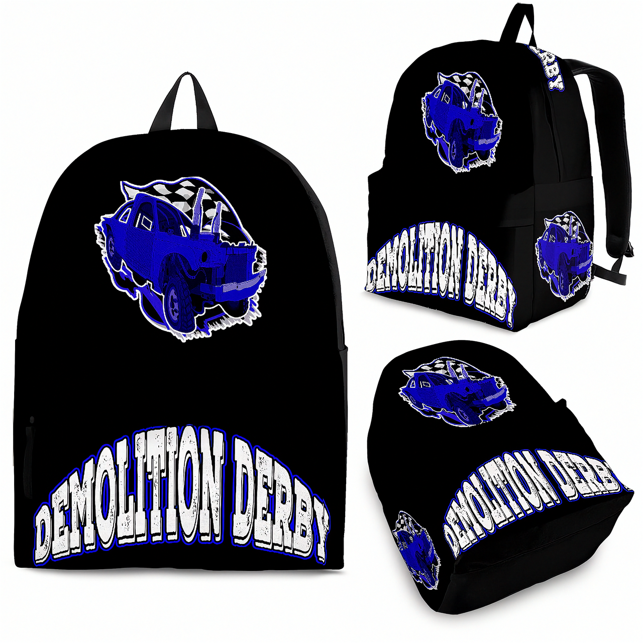 Black backpack shown from multiple angles with a blue and white Demolition Derby monster truck graphic and arched 'DEMOLITION DERBY' text on the front and side.