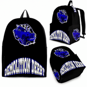 Black backpack shown from multiple angles with a blue and white Demolition Derby monster truck graphic and arched 'DEMOLITION DERBY' text on the front and side.