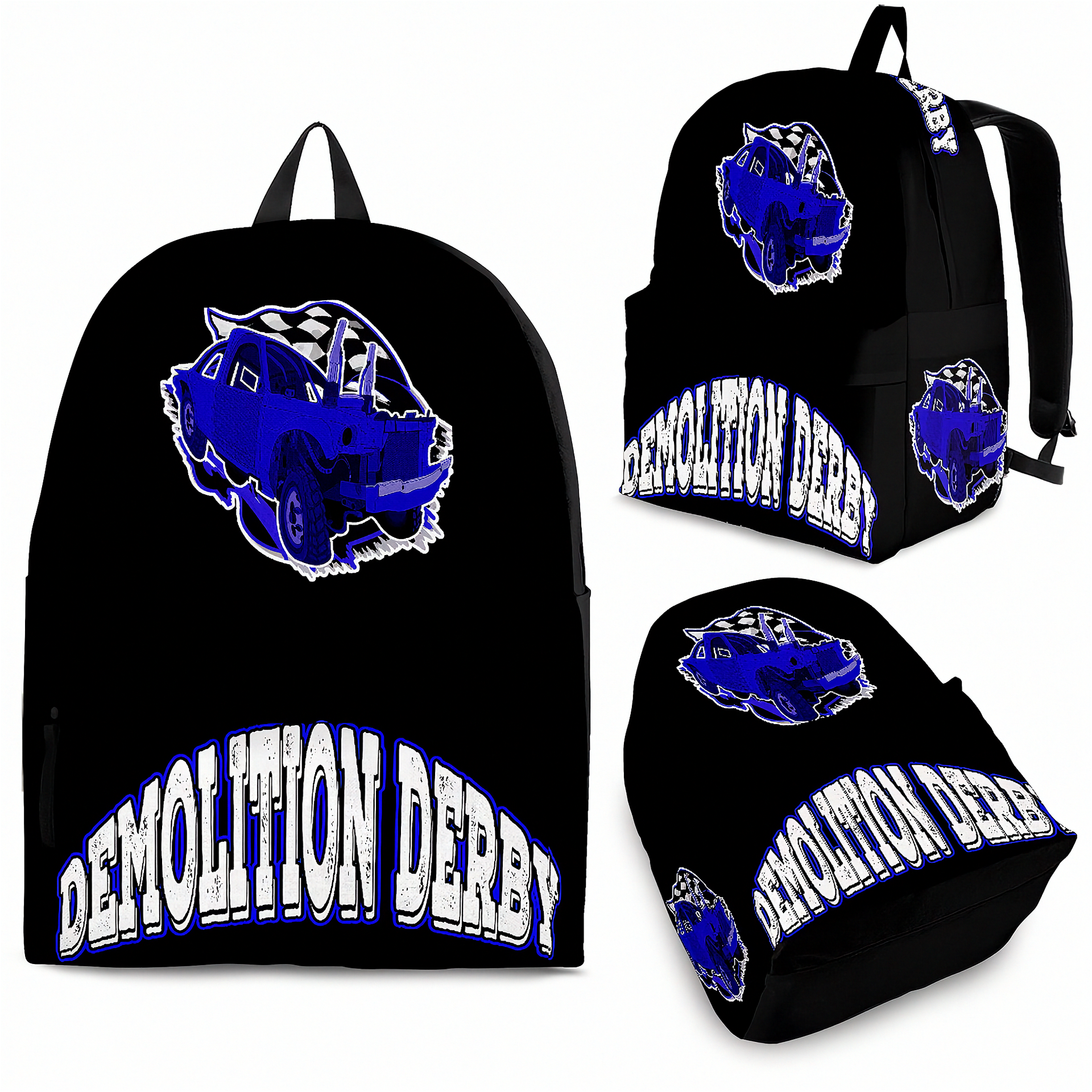 Black backpack shown from multiple angles with a blue and white Demolition Derby monster truck graphic and arched 'DEMOLITION DERBY' text on the front and side.