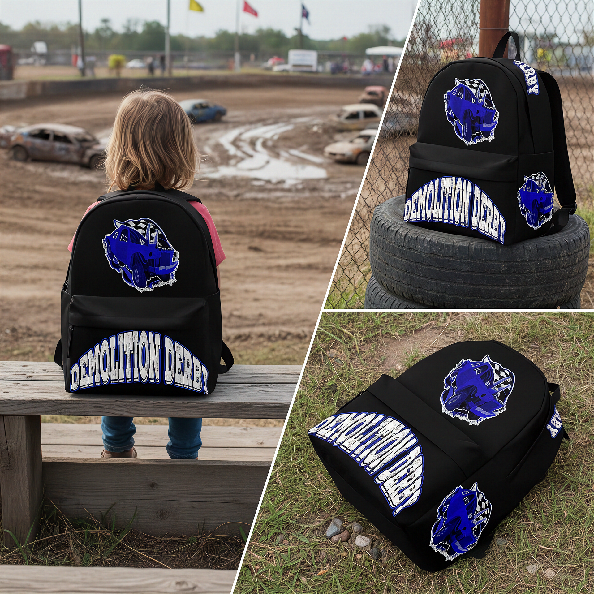 A black backpack with a blue and white 'Demolition Derby' graphic, shown in a three-panel collage. One panel shows a child sitting on a wooden bench looking out toward a dirt track, while the other two panels show the backpack from different angles, including on tires and on the grass.