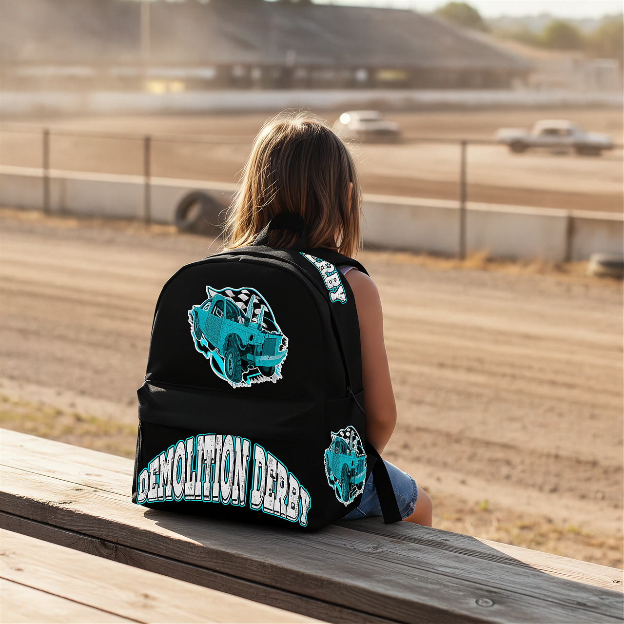 A black backpack with a teal and white Demolition Derby graphic sits on a wooden bench, with a young woman sitting in front of it and watching a race track in the background.