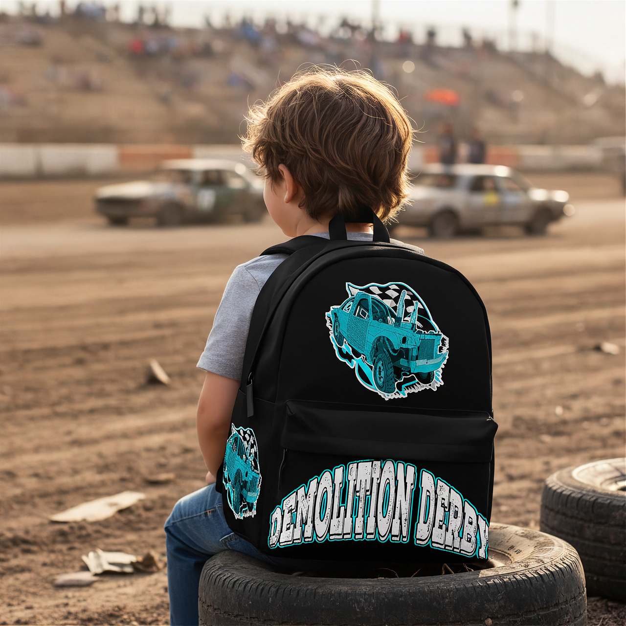 A child sitting on a tire at a dirt track, viewed from behind, wearing a black backpack with a teal and white demolition derby car graphic and the words 'DEMOLITION DERBY' on the back.
