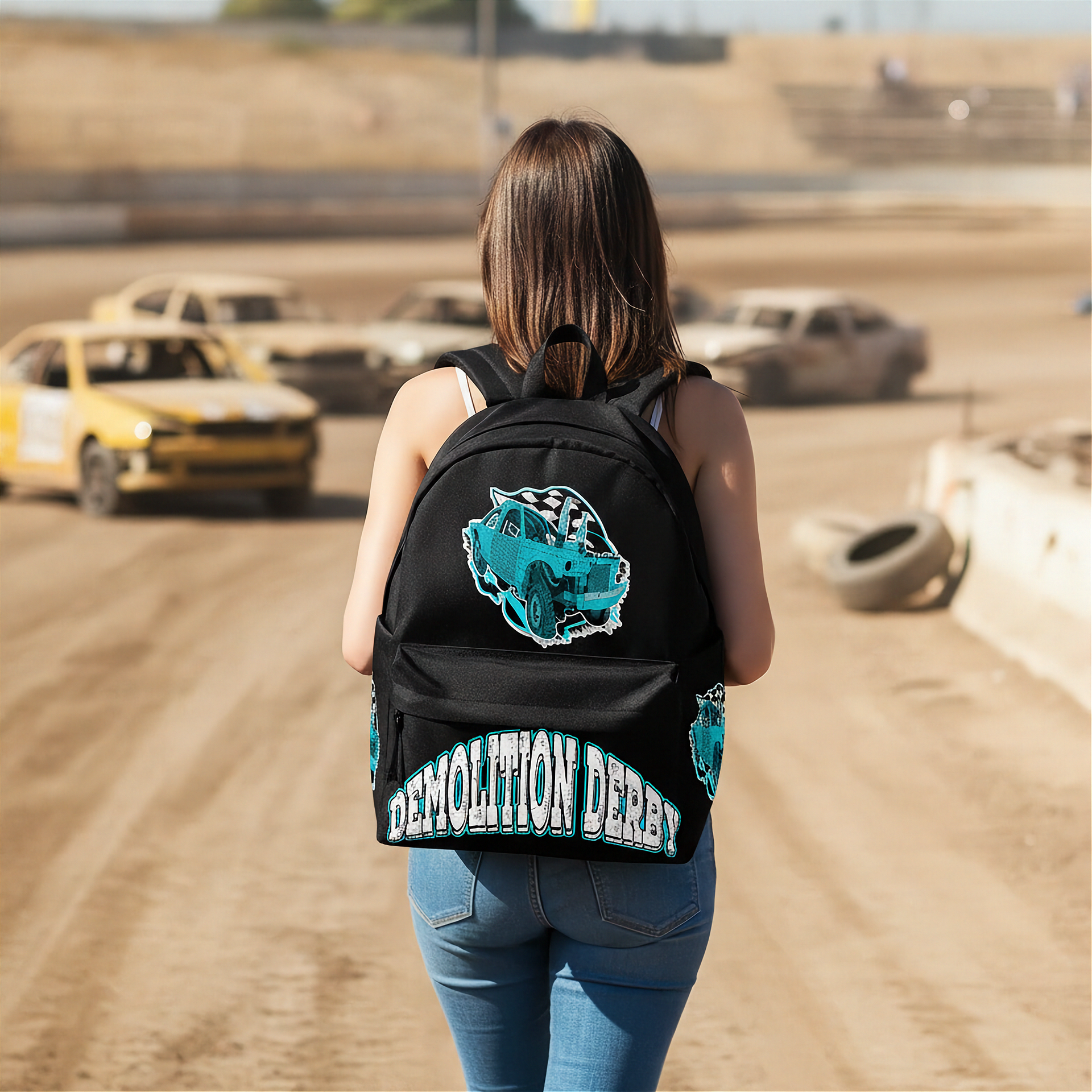 A woman seen from behind wearing a black backpack with a turquoise car graphic and 'DEMOLITION DERBY' text, standing on a dirt racetrack with race cars blurred in the background.
