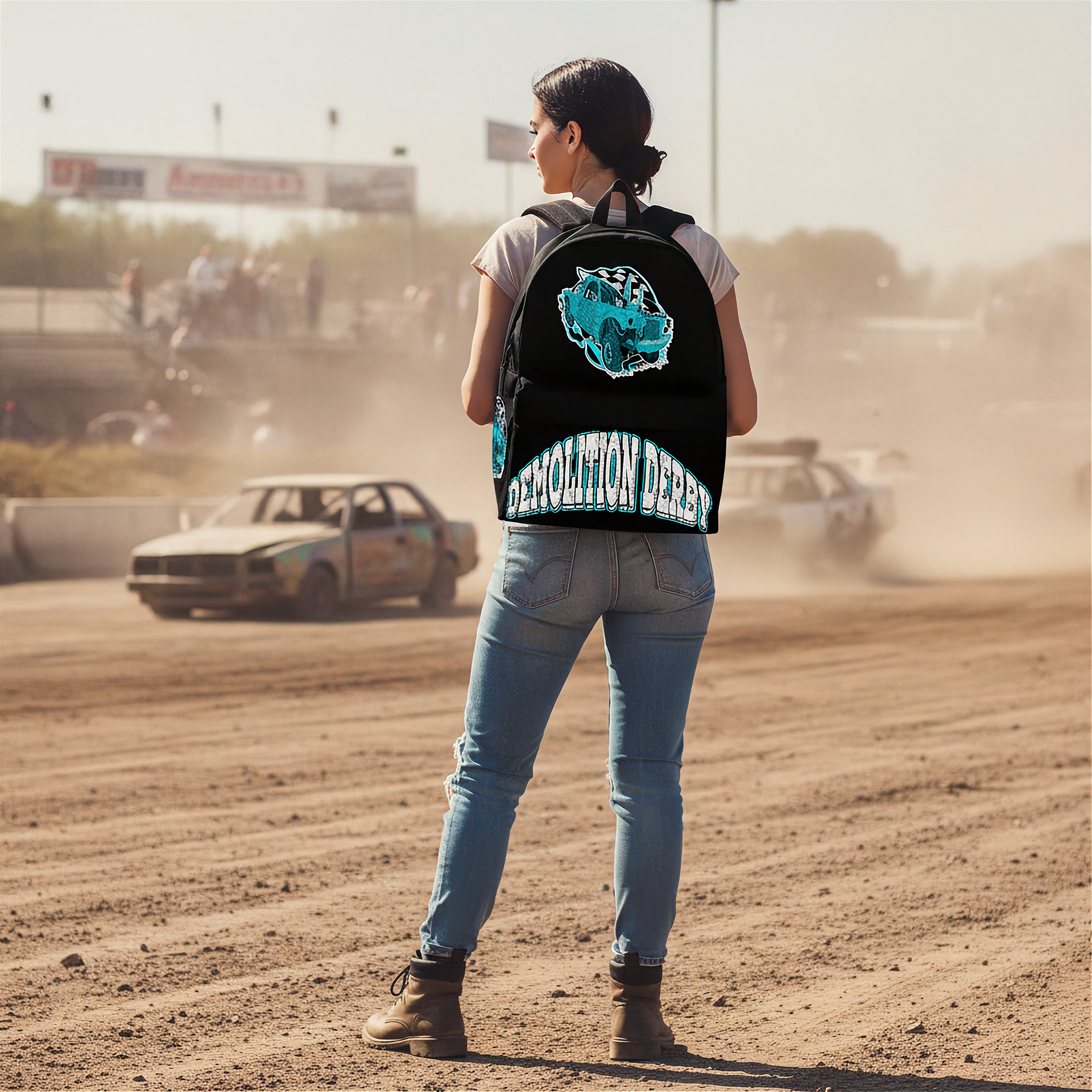A person standing on a dusty race track wearing a black backpack with a turquoise and white 'DEMOLITION DERBY' graphic on the back, with race cars and a blurred trackside background.