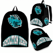 Black backpack shown from multiple angles with a turquoise and white Demolition Derby truck graphic and large Demolition Derby text on the front and sides.