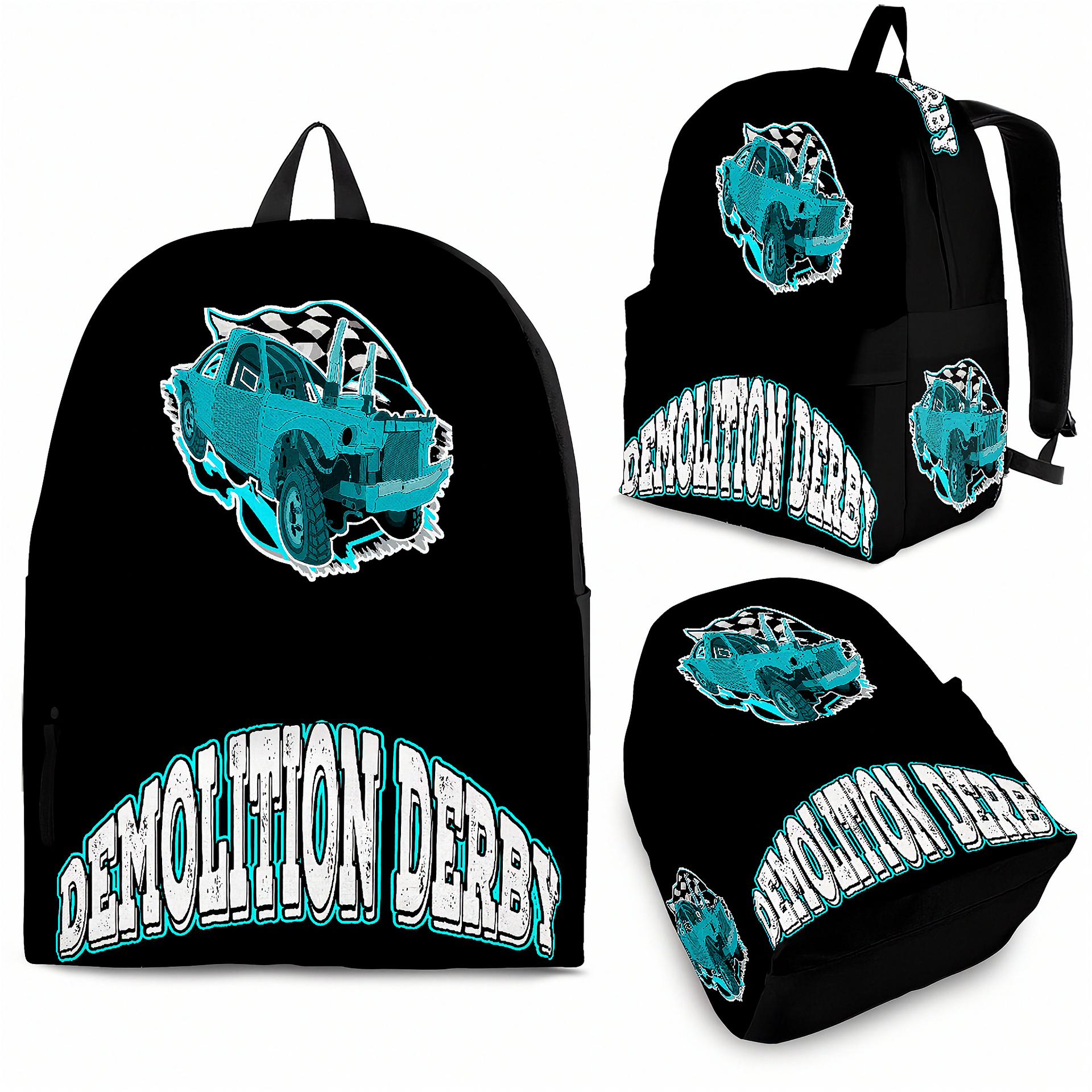 Black backpack shown from multiple angles with a turquoise and white Demolition Derby truck graphic and large Demolition Derby text on the front and sides.