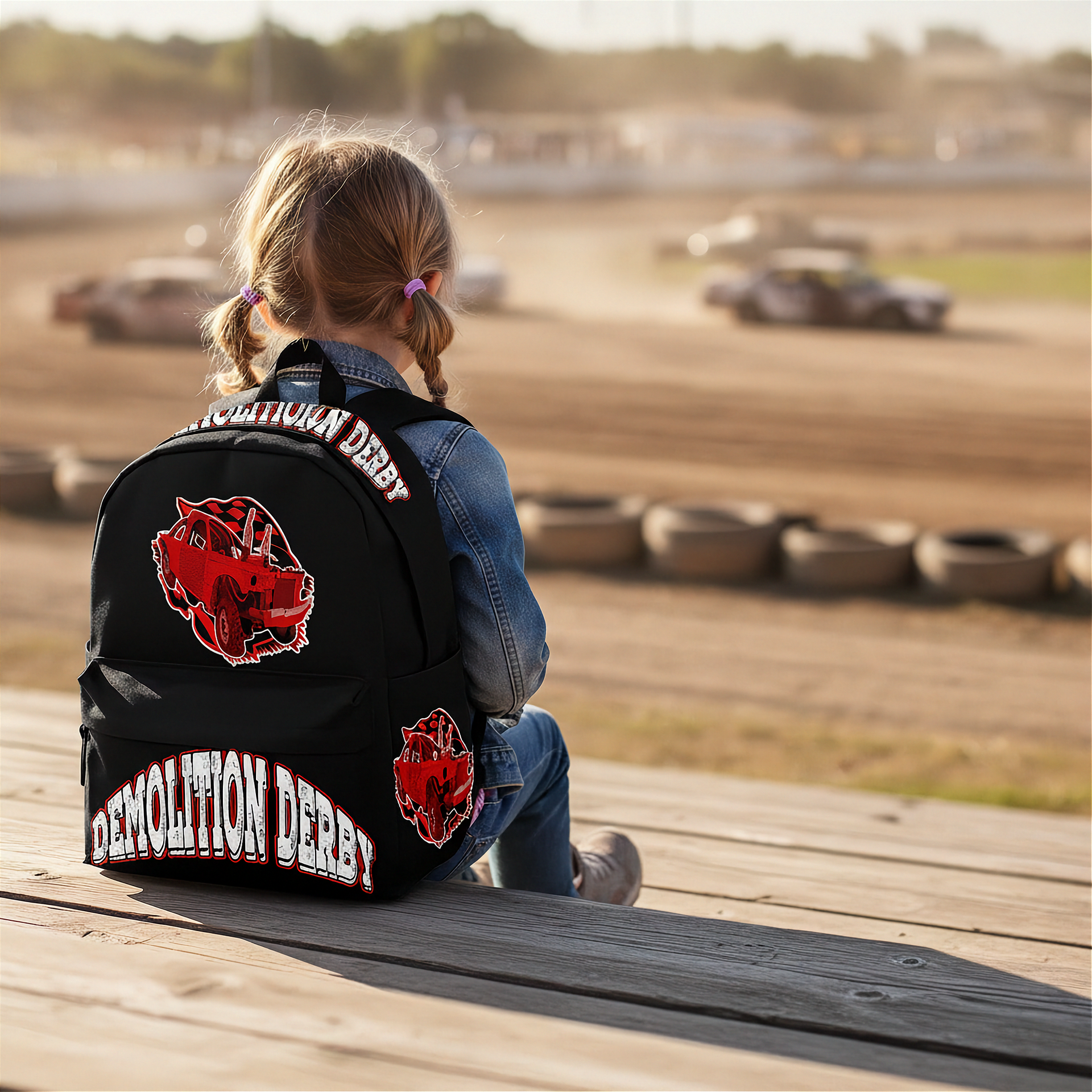 A child sits on a wooden boardwalk at an outdoor racetrack, viewed from behind, wearing a black backpack with red and white graphics that read 'Demolition Derby' and feature a large red wild horse emblem.