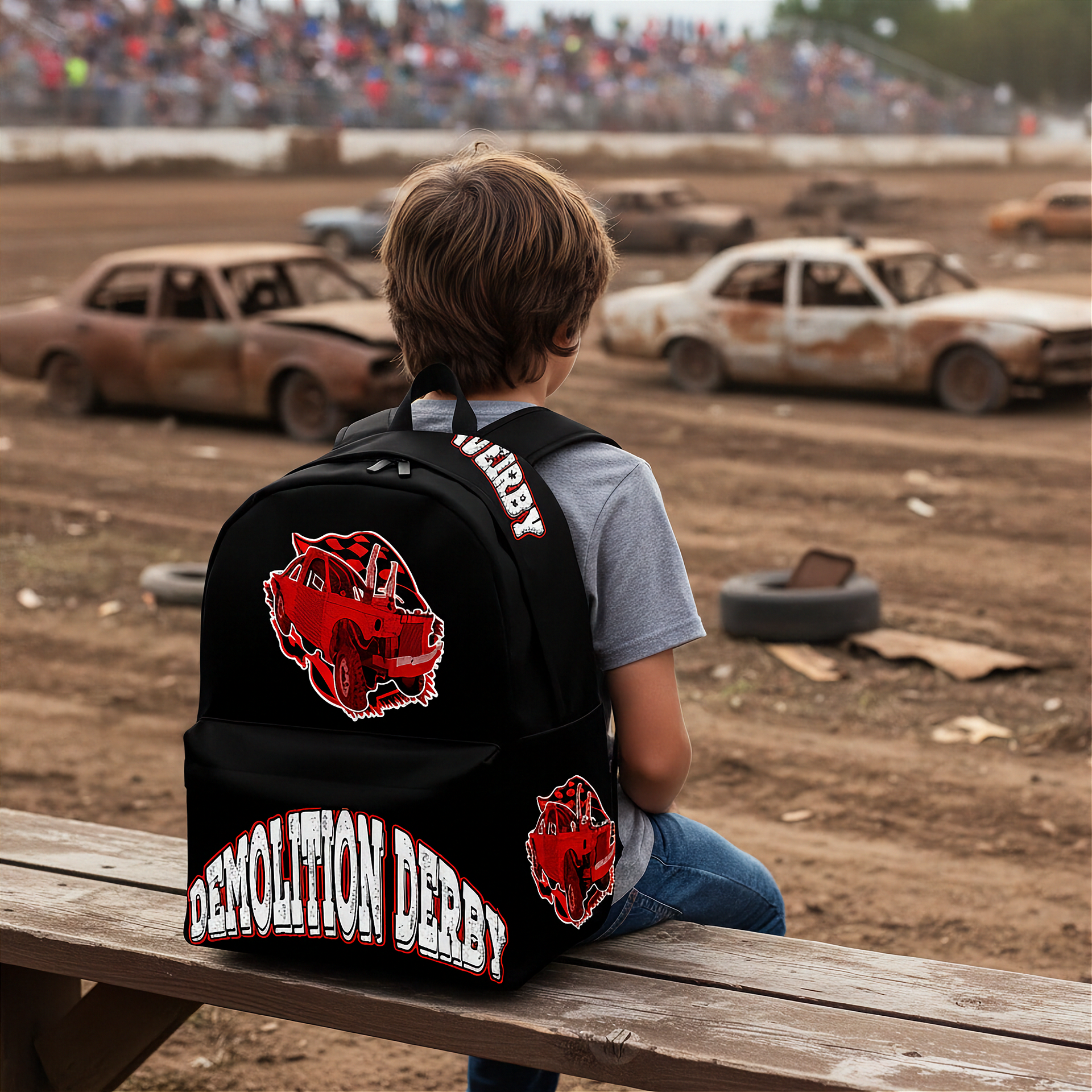 A boy sits on a wooden bench at a dirt track, viewed from behind, wearing a black backpack with red and white graphics that read 'Demolition Derby' and 'Wibrey'. The background shows a dusty race track with old cars and a crowd in the distance.