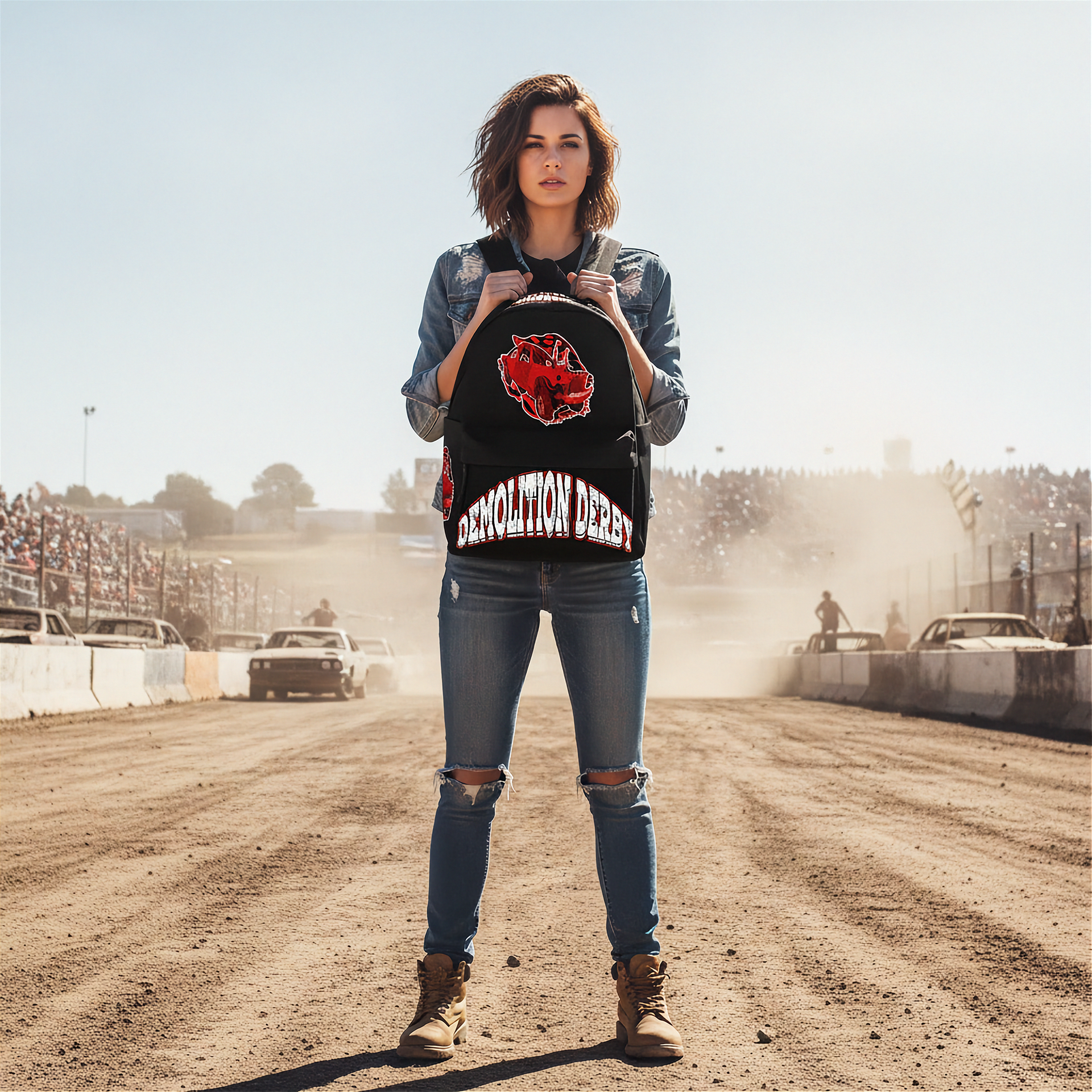 A woman stands on a dusty racetrack wearing a black denim jacket with a red and white 'demolition derby' graphic on the front, paired with ripped blue jeans and brown boots.