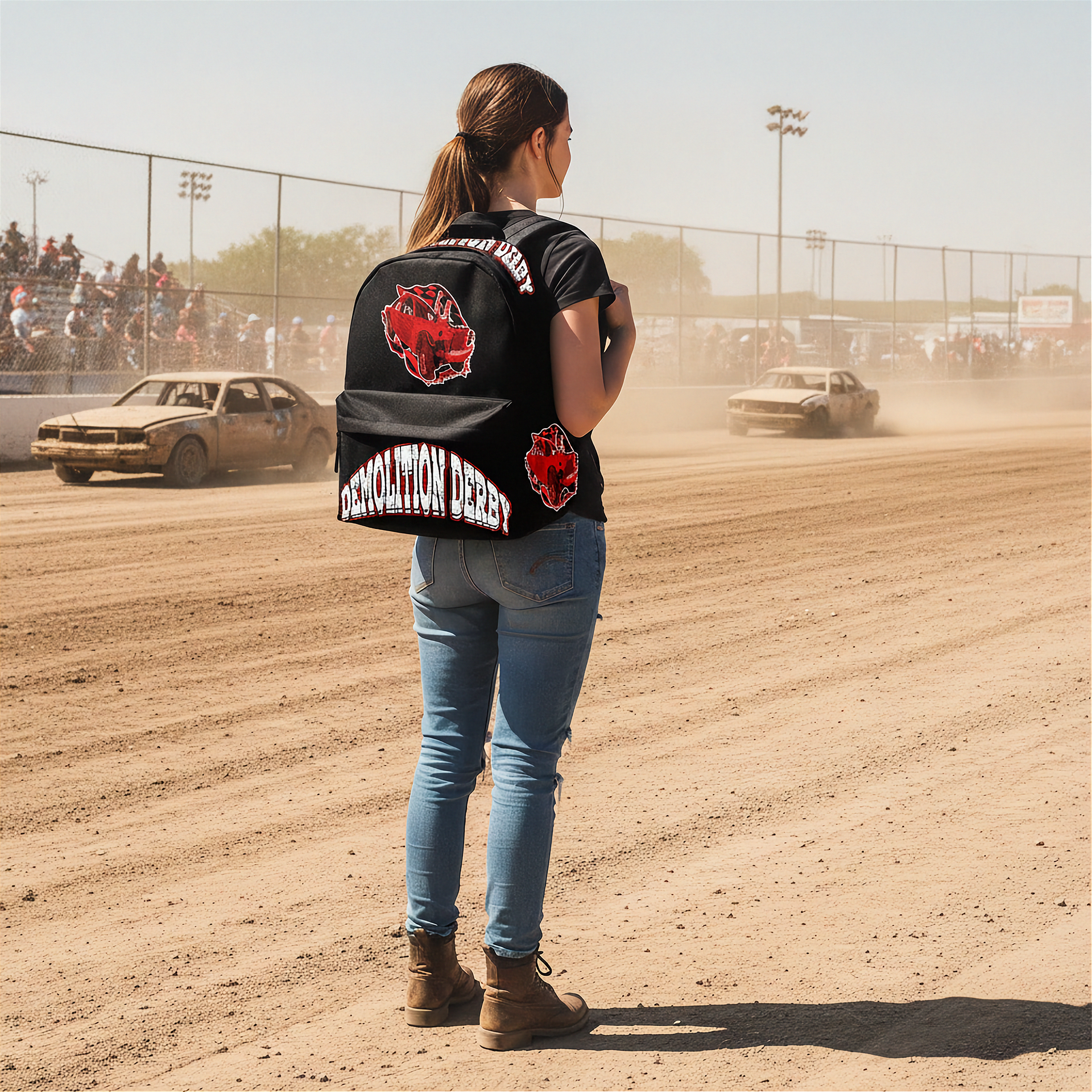 A woman stands on a dirt racetrack wearing a black embroidered biker-style vest with red and white graphics, blue jeans, and brown boots, with race cars and a crowd visible in the background.