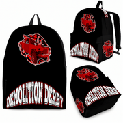 Black backpack shown from multiple angles with a red demolition derby car graphic and large 'DEMOLITION DERBY' text on the front, plus matching graphics on the side and bottom.