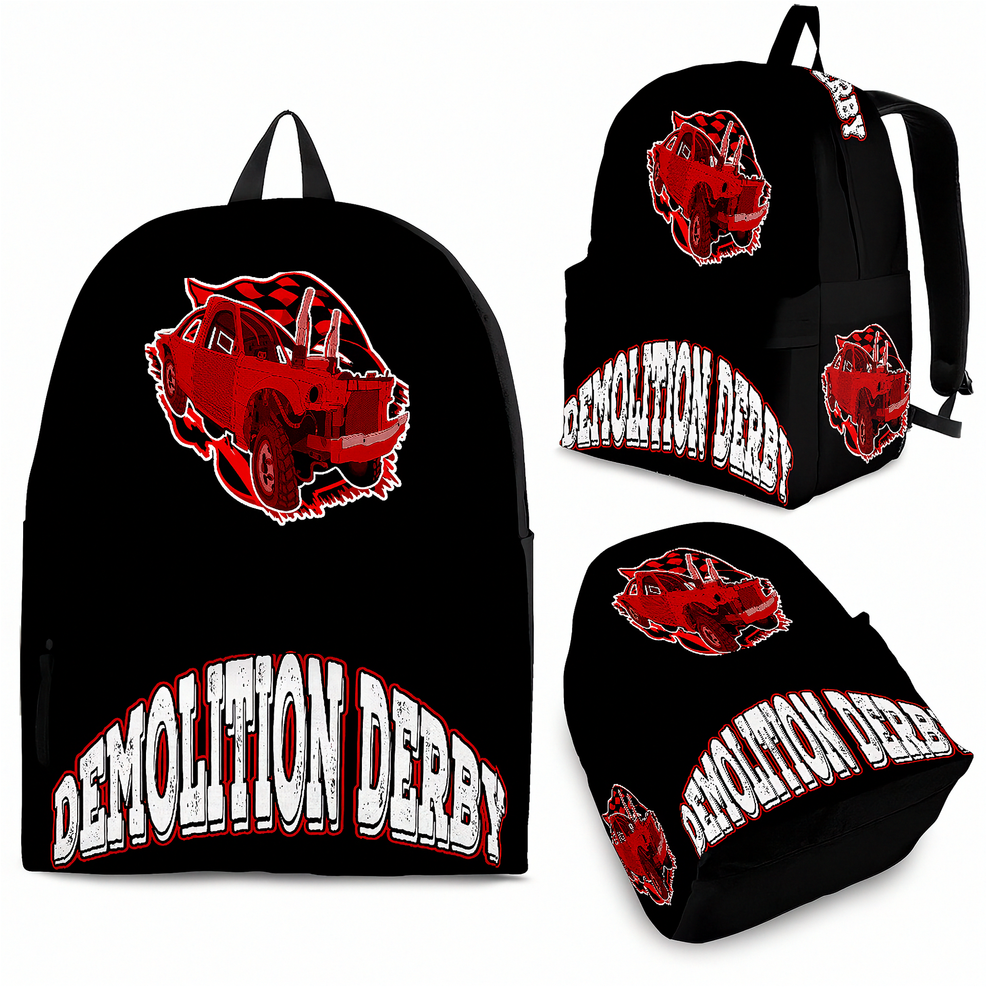 Black backpack shown from multiple angles with a red demolition derby car graphic and large 'DEMOLITION DERBY' text on the front, plus matching graphics on the side and bottom.