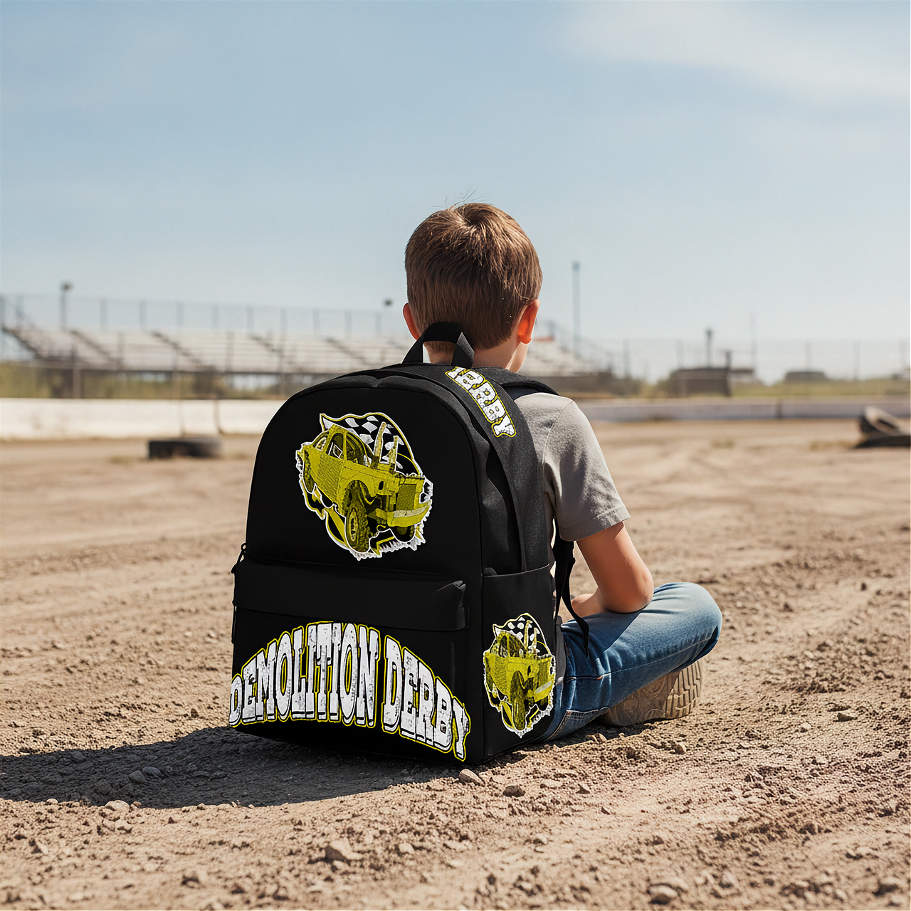 A boy sitting on sandy ground at a sports field, viewed from behind, wearing a black backpack with a large yellow and white tiger graphic and the words 'DEMOLITION DERBY' and 'CERVI'.