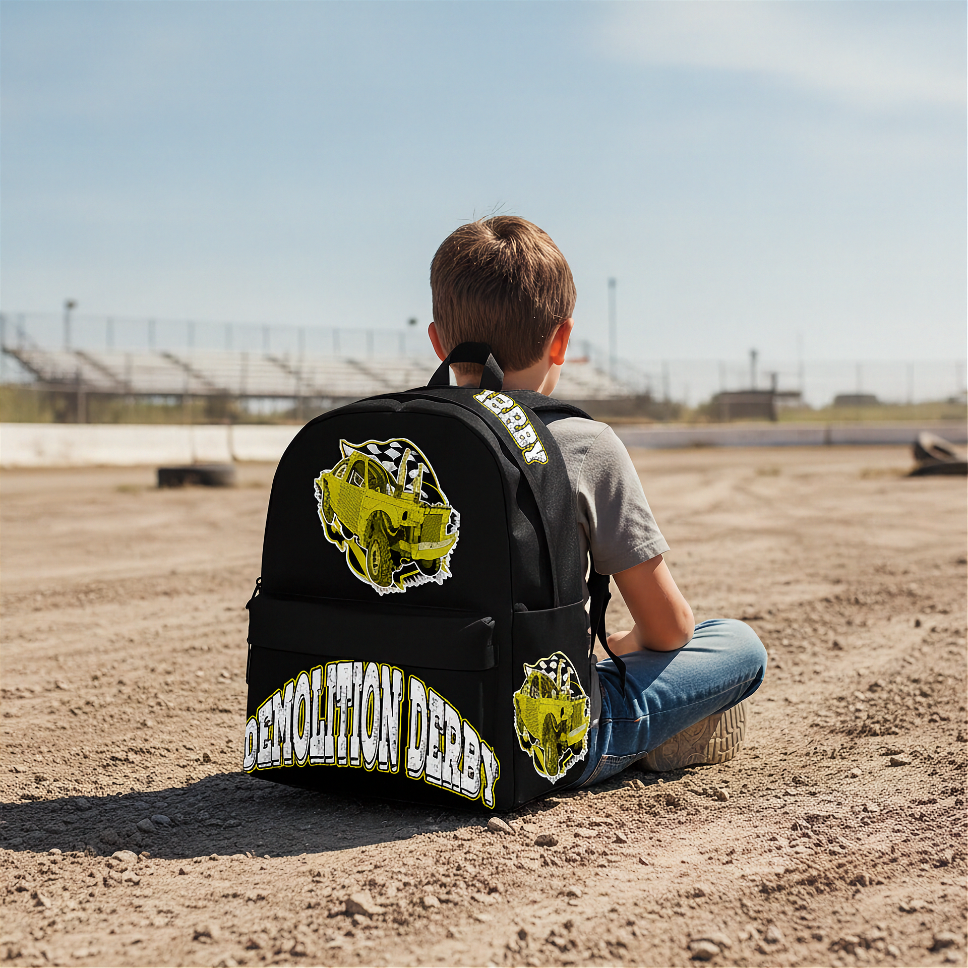 A boy sitting on sandy ground at a sports field, viewed from behind, wearing a black backpack with a large yellow and white tiger graphic and the words 'DEMOLITION DERBY' and 'CERVI'.