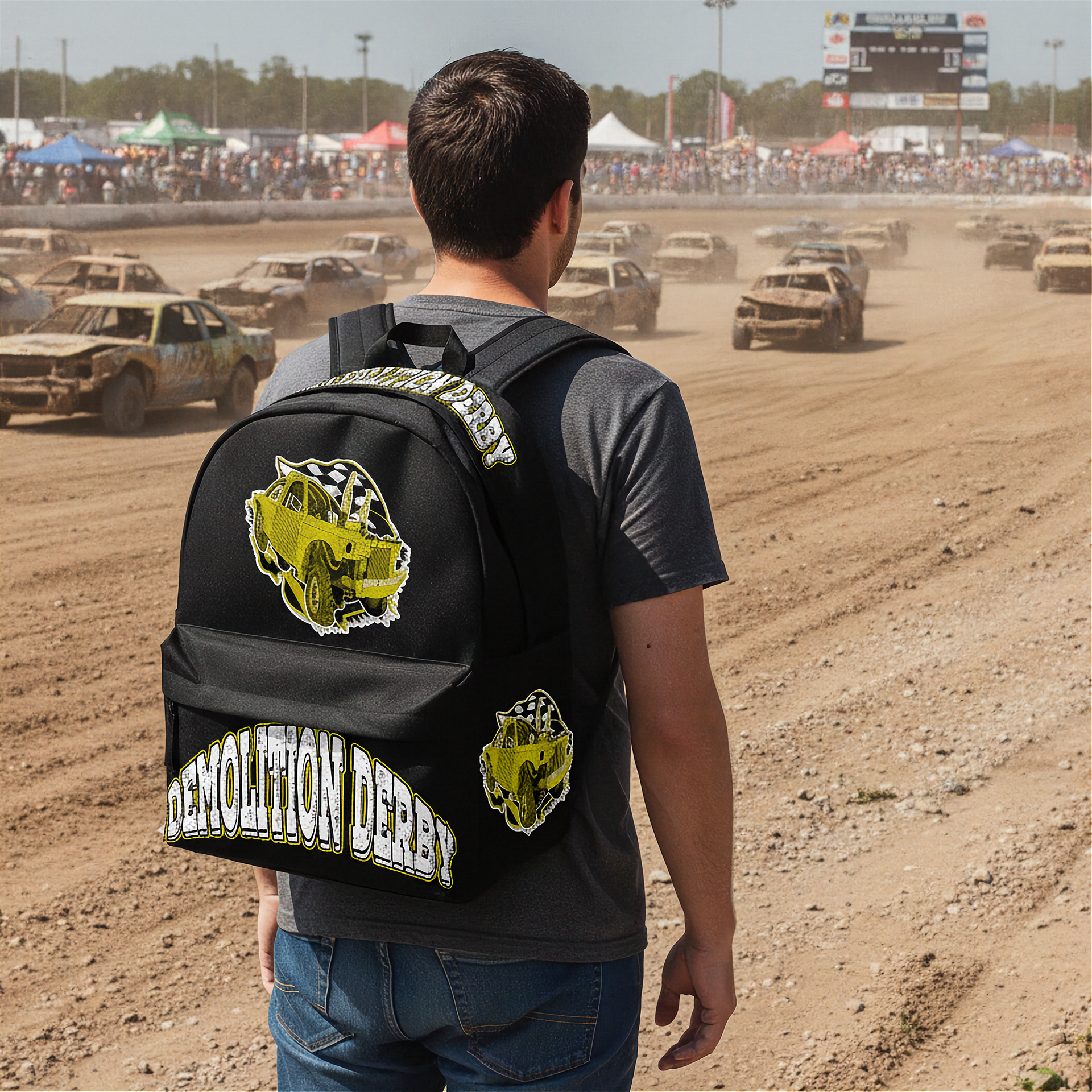 A man viewed from behind wearing a black backpack with yellow and white Demolition Derby graphics, standing on a dirt race track with race cars in the background.