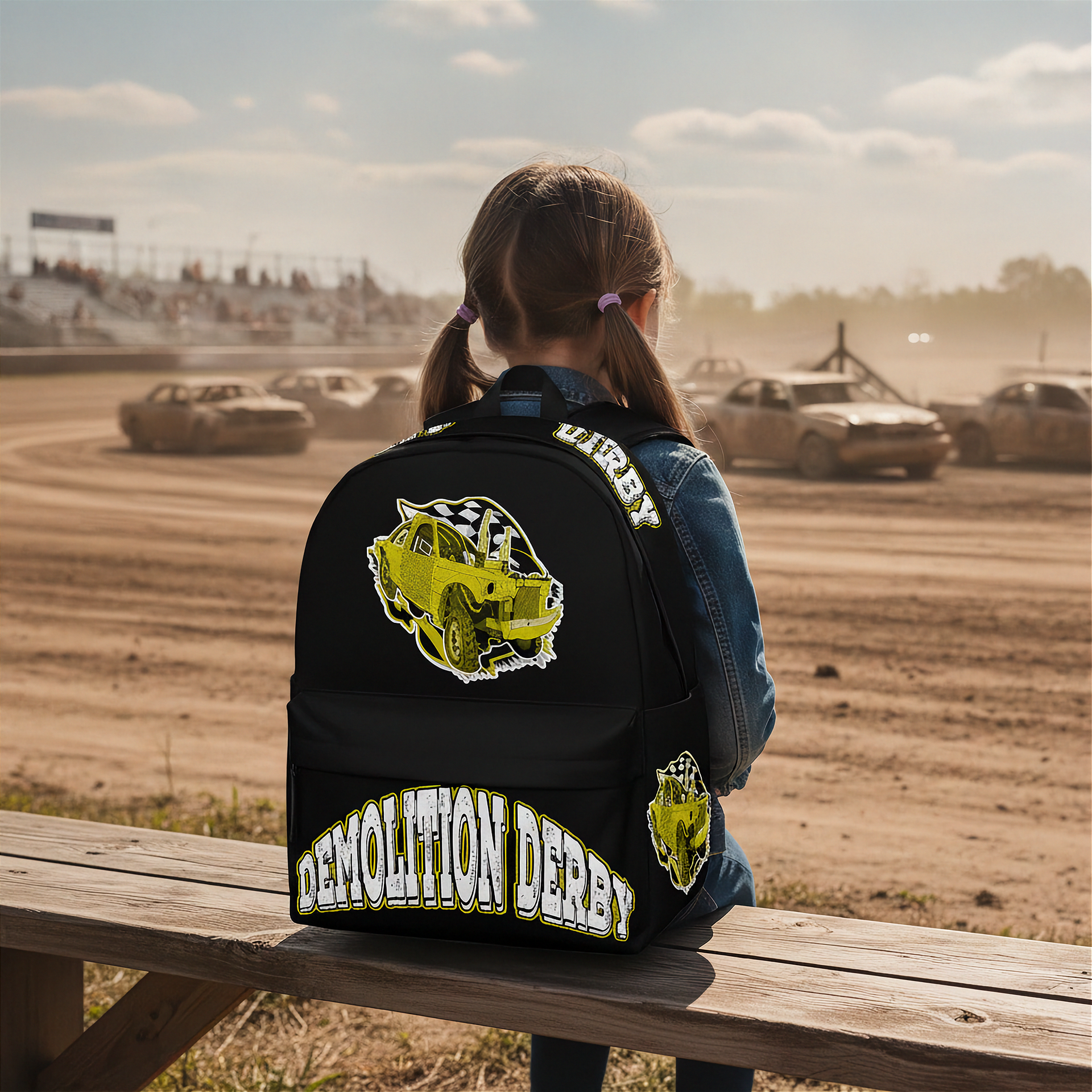 A girl with pigtails sits on a wooden bench at a dirt track, viewed from behind, wearing a black backpack with a large yellow and white Demolition Derby graphic.