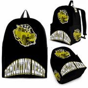 Black backpack shown from multiple angles with a yellow demolition derby car graphic and large 'DEMOLITION DERBY' text on the front and sides.