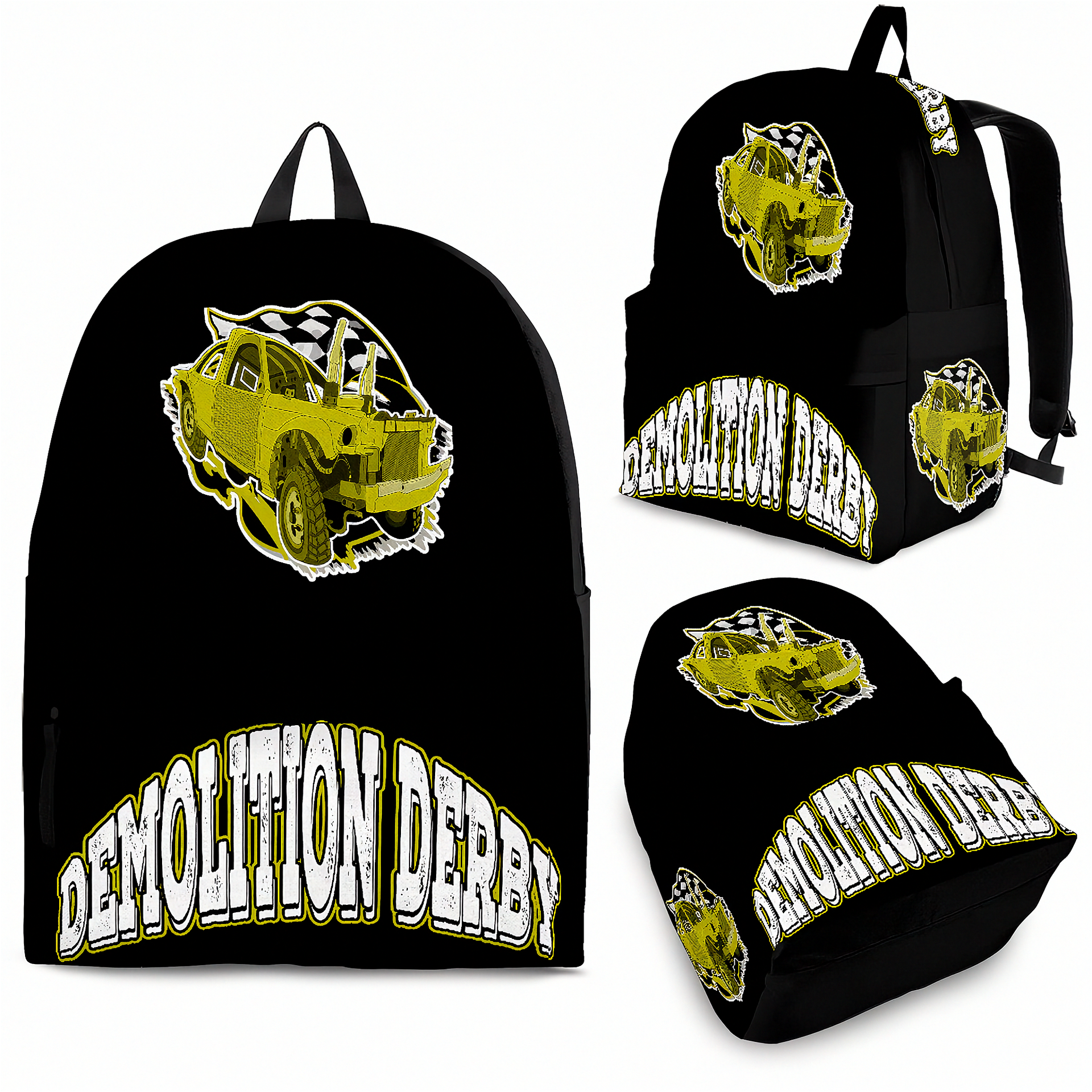 Black backpack shown from multiple angles with a yellow demolition derby car graphic and large 'DEMOLITION DERBY' text on the front and sides.