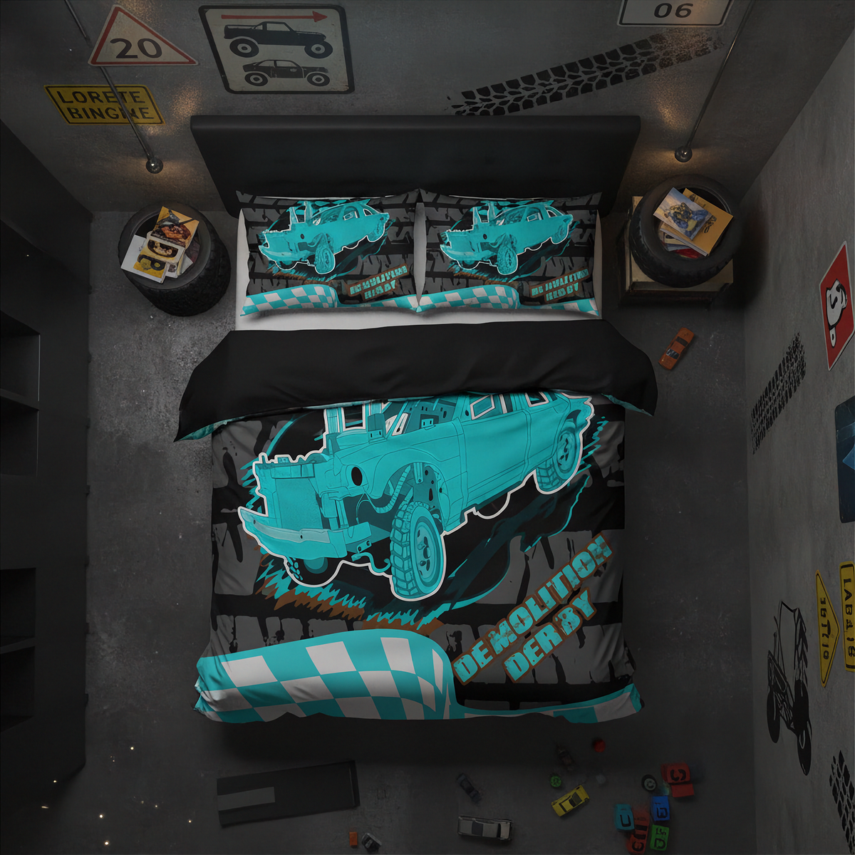 Overhead view of a bed dressed in a custom racing-themed bedding set featuring a turquoise and black off-road vehicle graphic, checkered accents, and 'DEMOLITION DERBY' text, styled in a dark gray industrial room with toy cars and racing signs.