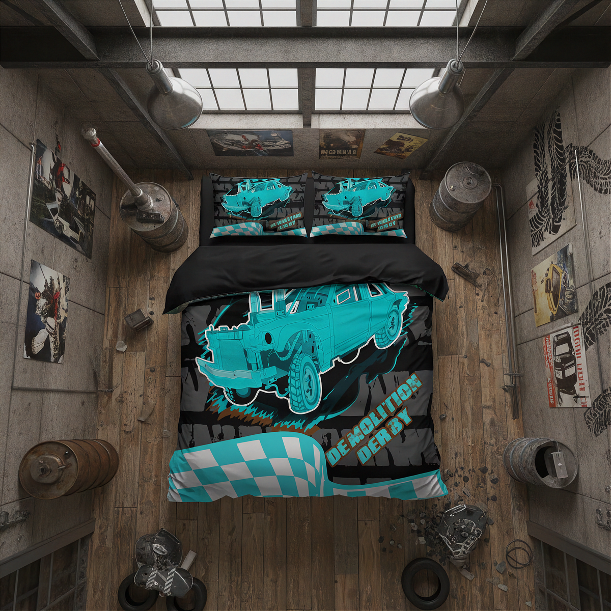 A top-down view of a bed dressed in a custom racing-themed bedding set, featuring a turquoise and black graphic of a muscle car with 'DEMOLITION DERBY' text, set in a rustic, industrial-style bedroom.