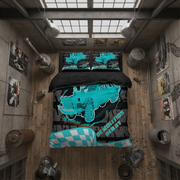 A top-down view of a bed dressed in a custom racing-themed bedding set, featuring a turquoise and black graphic of a muscle car with 'DEMOLITION DERBY' text, set in a rustic, industrial-style bedroom.