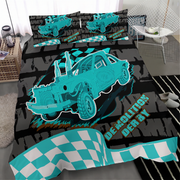 A bed made with a printed bedding set featuring a teal and black off-road car graphic, checkered flag elements, and the words 'DEMOLITION DERBY' in a room setting.