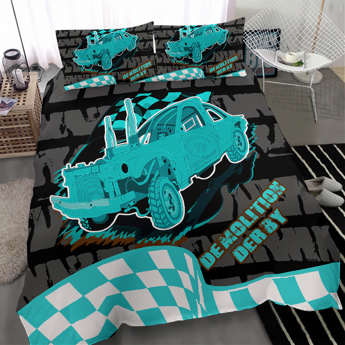 A bed made with a printed bedding set featuring a teal and black off-road car graphic, checkered flag elements, and the words 'DEMOLITION DERBY' in a room setting.