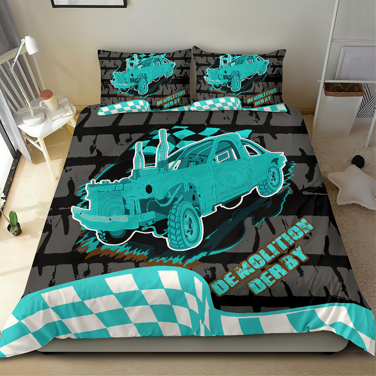A bed dressed in a racing-themed bedding set featuring a turquoise and black car graphic with the words 'DEMOLITION DERBY' and a checkered border, shown in a bedroom setting.