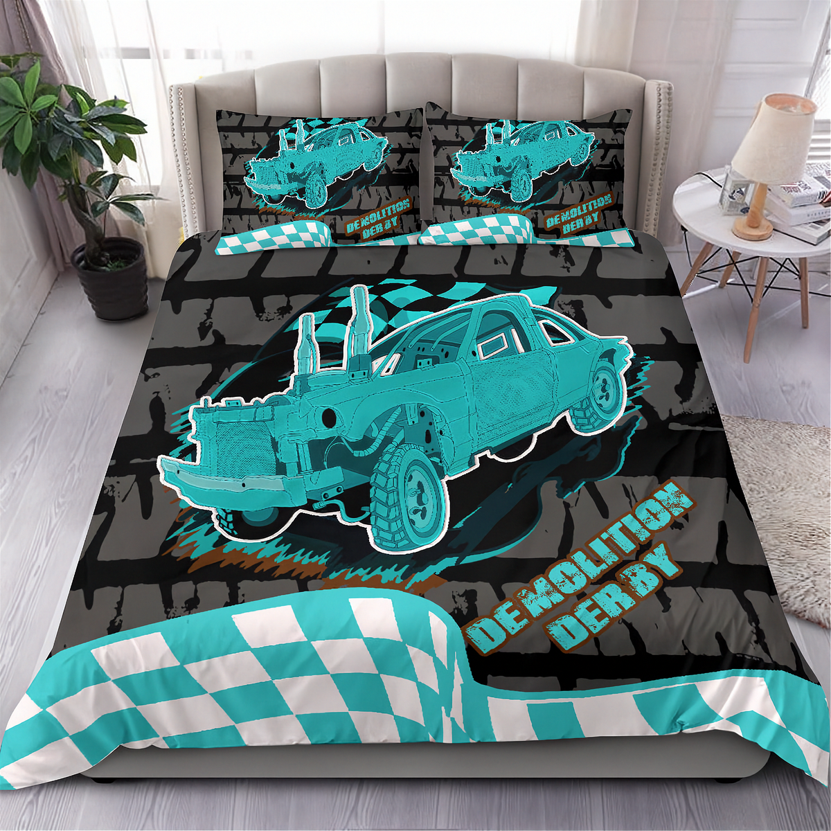 A bed dressed in a custom racing-themed bedding set featuring a teal and black demolition derby car design, checkered accents, and matching pillowcases, shown in a styled bedroom setting.