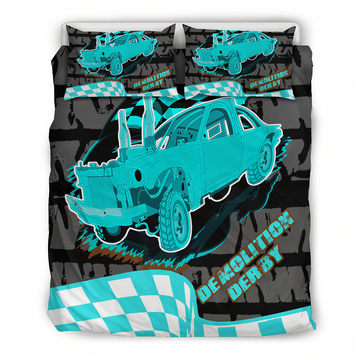 A bedding set featuring a custom car-themed duvet cover and two matching pillowcases. The design showcases a bright turquoise teal demolition derby car on a black and gray brick background with a turquoise and white checkered flag graphic at the bottom.