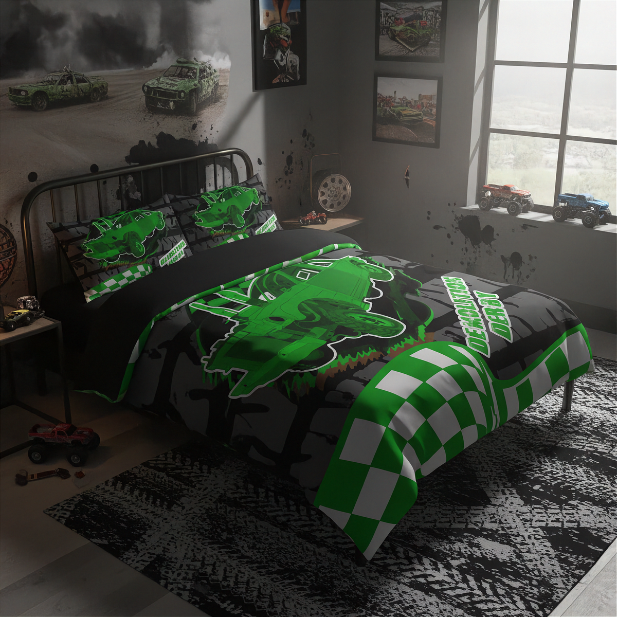 A racing-themed bedding set with a green and black checkered pattern, a green checkered accent, and a large green motocross rider graphic on a black background, styled on a bed in a dark, modern boy's room.