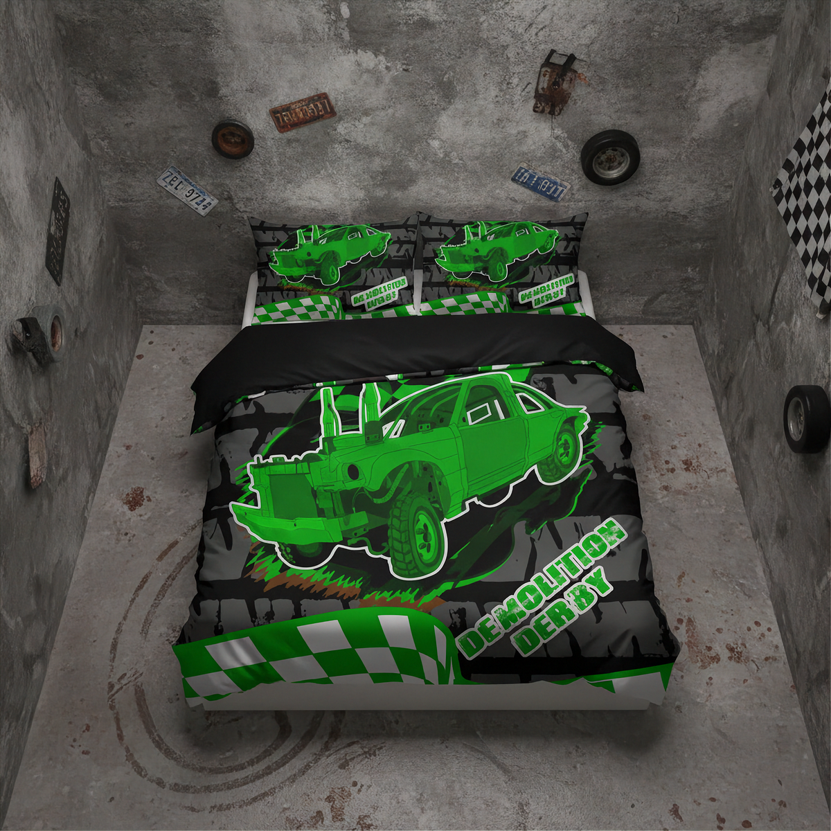 A racing-themed bedding set featuring a bright green off-road truck graphic and checkered accents, displayed on a bed in a gray, industrial-style room.
