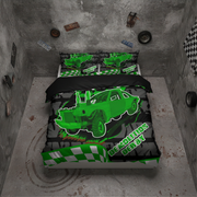 A racing-themed bedding set featuring a bright green off-road truck graphic and checkered accents, displayed on a bed in a gray, industrial-style room.