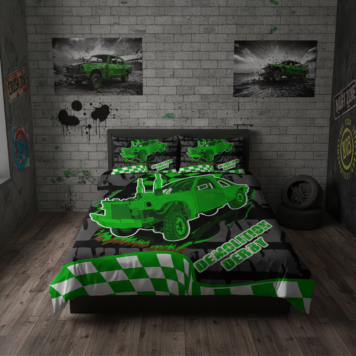 A bed dressed in a green and black racing-themed bedding set, shown in a styled bedroom with a gray brick wall, racing posters, and a tire prop.