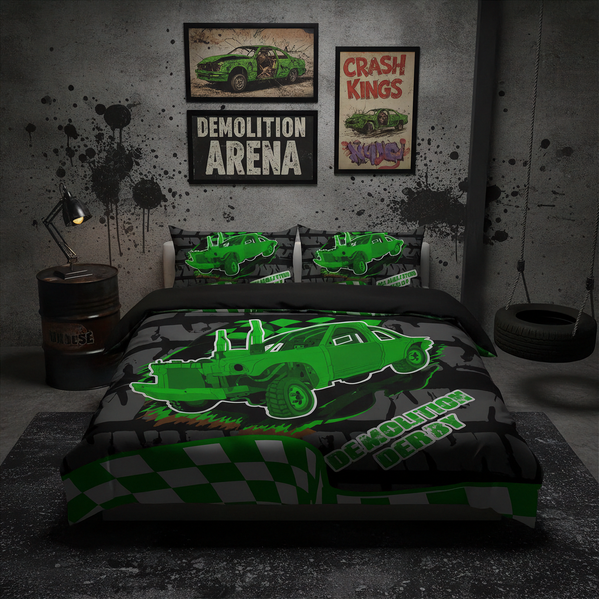 A themed bedroom setup featuring a bed dressed in a black and green camouflage-patterned comforter and matching pillowcases with a bright green Deponia car graphic and 'Demolition derby' text. The room has a dark, grunge aesthetic with a black metal barrel, a hanging tire, and framed 'Crash Kings' and 'Demolition Arena' posters on the wall.