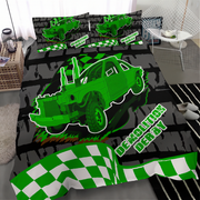 Bedding set with green demolition derby truck design on a black background