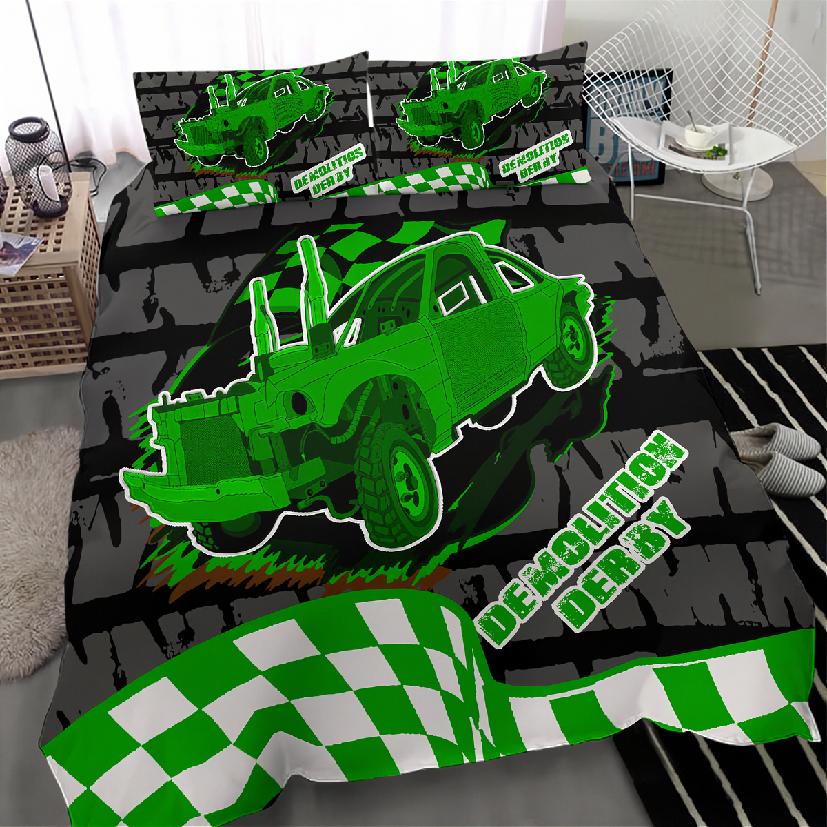 Bedding set with green demolition derby truck design on a black background