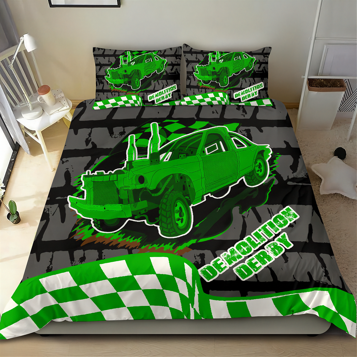Bedding set with green demolition derby truck design on a bed in a room.