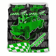 Bedding set with green demolition derby car design on a black background