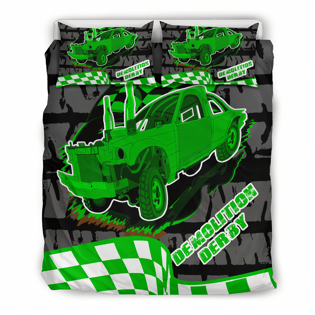 Bedding set with green demolition derby car design on a black background