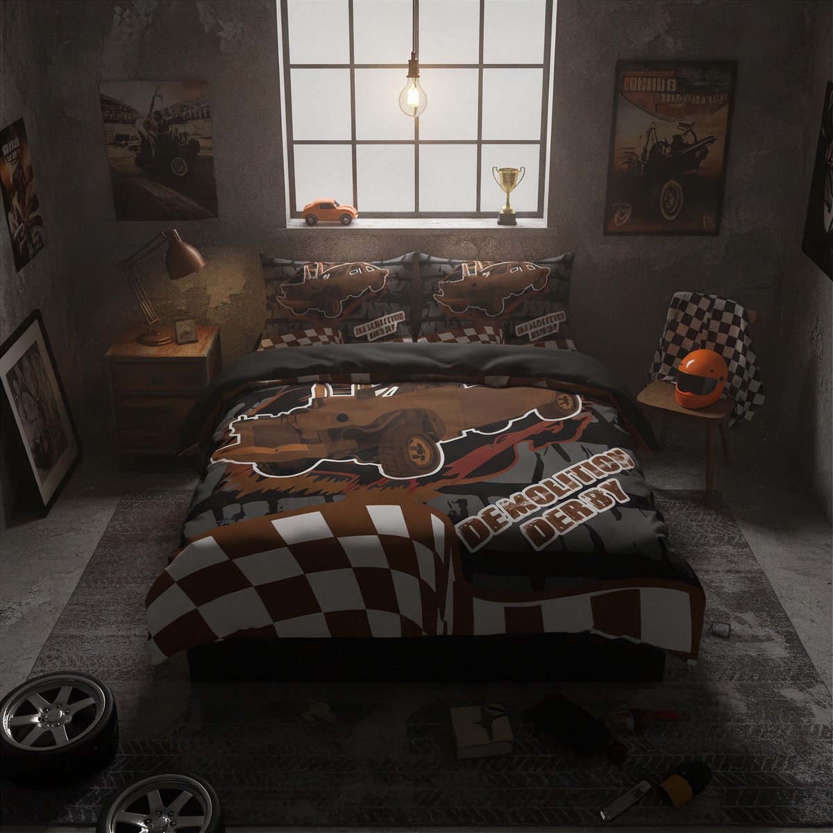 A racing-themed bedding set featuring a duvet cover and two pillowcases with a demolition derby design, checkered flags, and colorful buttons on a black background, shown on a bed in a bedroom setting.