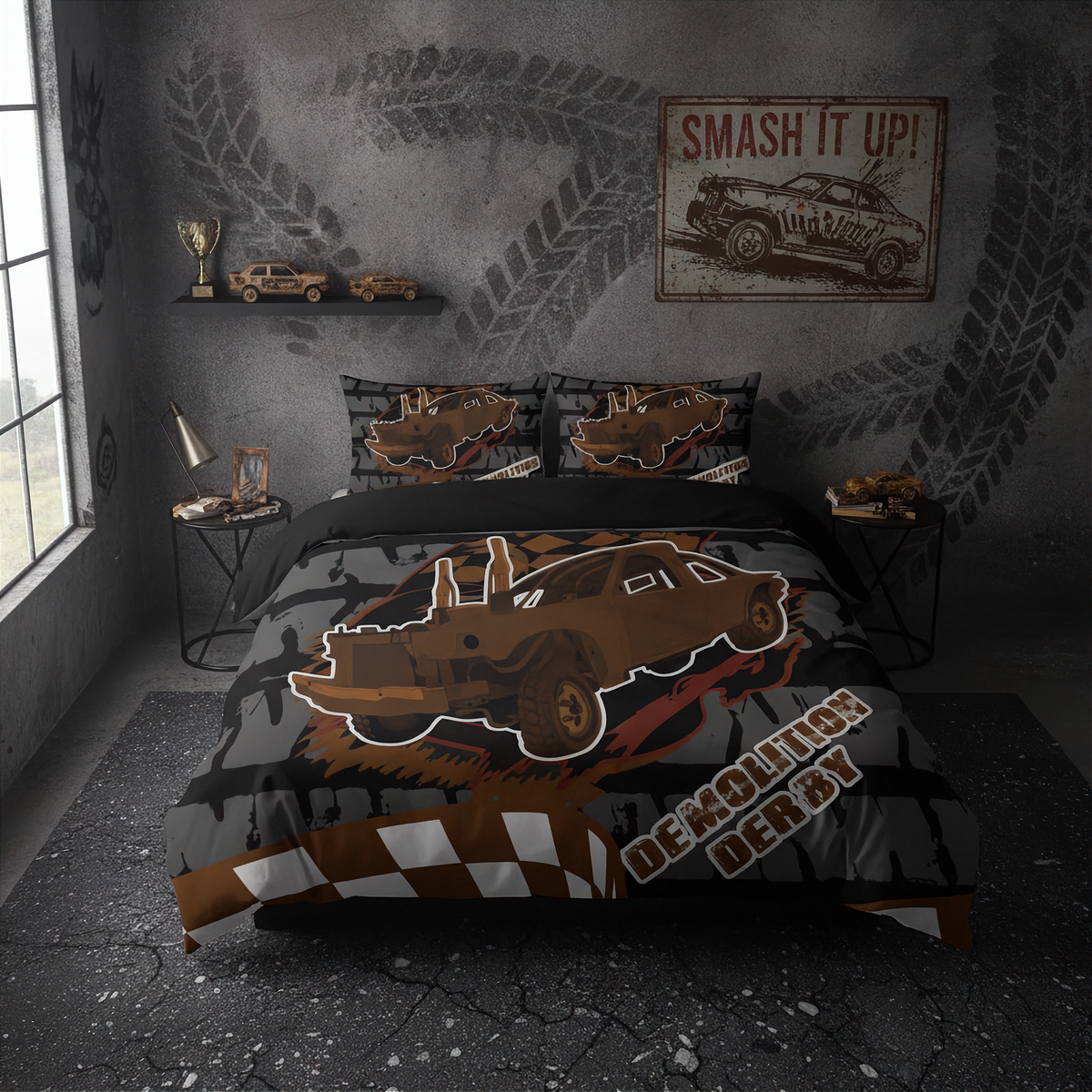 A themed bedroom set featuring a Demolition Derby car graphic on the comforter and matching pillowcases, styled in a dark gray, industrial-themed room with tire tracks on the wall.