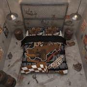 A top-down view of a bed dressed in a military-themed bedding set with a tank graphic and 'DEMOLITION DERBY' text, styled in a gritty industrial room with barrels, hanging lamps, and posters.