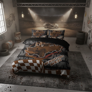 A racing-themed bedding set displayed on a bed in a dark, industrial-style room. The set includes a duvet cover and two matching pillowcases featuring a graphic of a brown race car with 'DEMONITION RACING' text on a dark gray background, with a brown-and-white checkered pattern on the lower corner.
